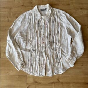 Chicos 100% Linen Pleated Button Down Shirt Size 2 Large Boho Cottage